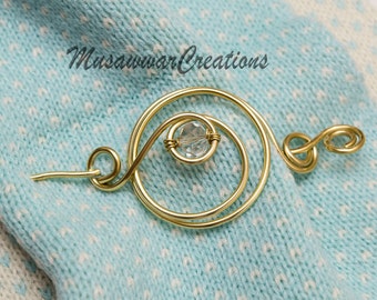 Brass Shawl Pin – Crystal Bead Scarf or Sweater Brooch, Handmade Accessory