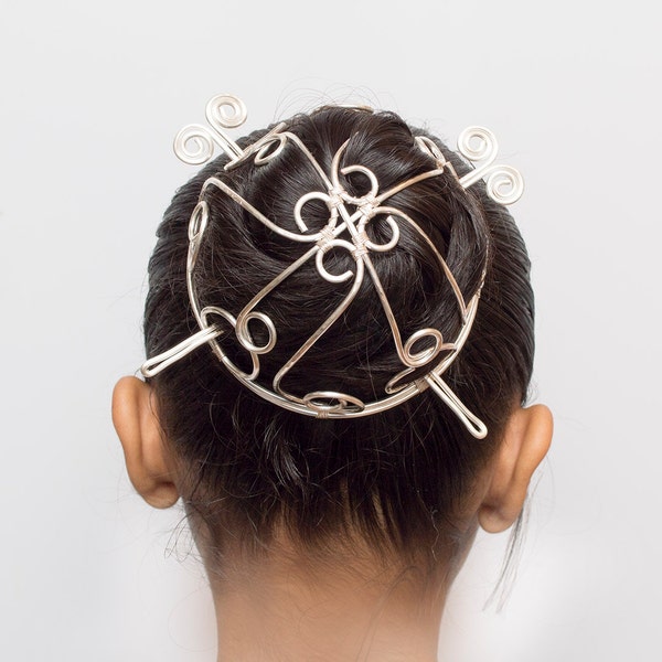 Cage à chignon en cuivre plaqué argent en spirale, support pour chignon, s, support pour chignon, fabriqué sur commande.