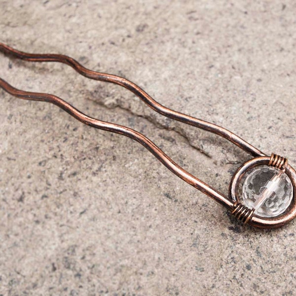 Boho rustic Copper Hair Fork,Rustic copper hair fork faceted clear quartzHair Accessories, Metal Hair Stick,