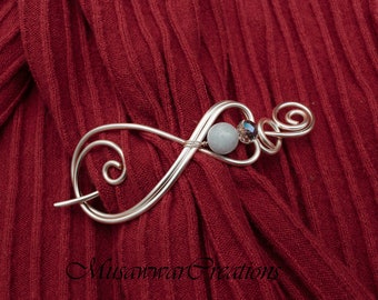 Shawl pin,silver wire unique shape ,blue agate hair pin,hair brooch,sweater brooch,hair barrette.