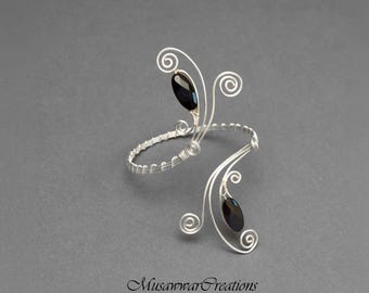 Silver plated arm cuff, black agate upper Bracelet ,Handmade Black Agate Silver Wire Arm Cuff for Stylish Elegance"