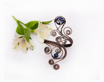 Handmade Lapis Lazuli Copper Cuff Bracelet, Elegant Wire Wrapped Jewelry