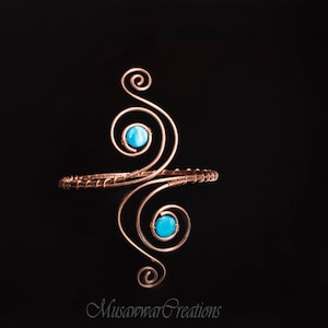 Handcrafted Copper Arm Cuff with Blue Shell Pearls, Swirl Spiral Design