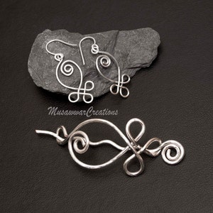 Celtic  Spiral Silver plated Copper Shawl Pin, Scarf Pin, Sweater Brooch, matching earrings,  Celtic Metal Knitting Accessories,Hair pin