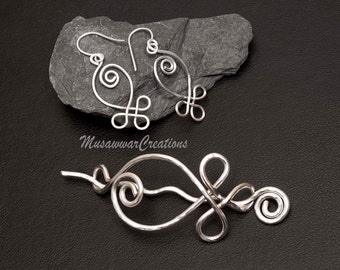 Celtic  Spiral Silver plated Copper Shawl Pin, Scarf Pin, Sweater Brooch, matching earrings,  Celtic Metal Knitting Accessories,Hair pin