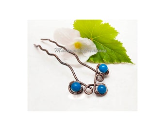 Antique Copper Hair Bun Holder with Blue Quartz's Celtic Hair Fork – A Stylish Gift for Women"