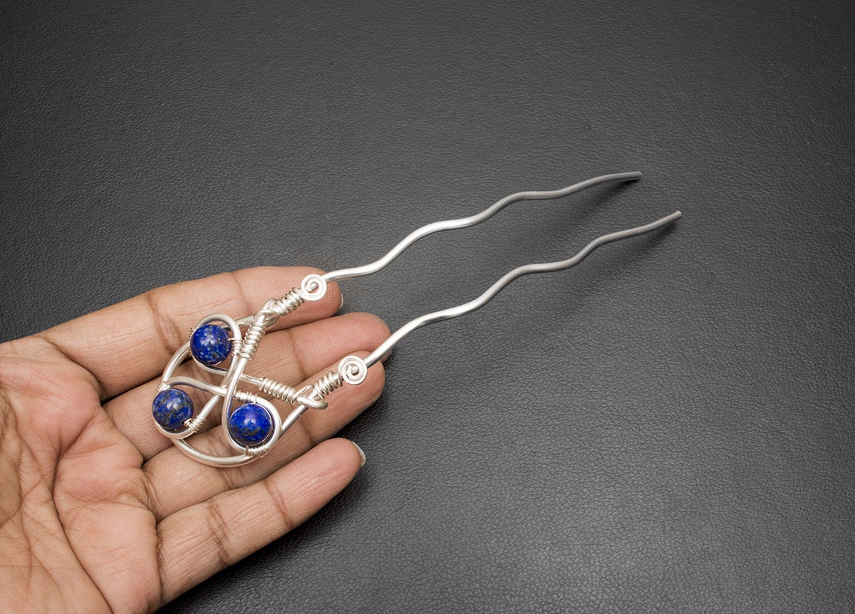 Celtic Lapis Lazuli Hair Fork: Wire Wrapped Copper Hair Pin  display picture 1