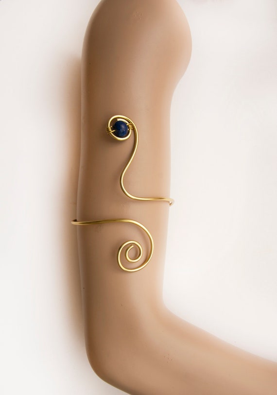 Lapis Lazuli Silver Plated Arm Cuff: Wire Wrapped Open End Bracelet