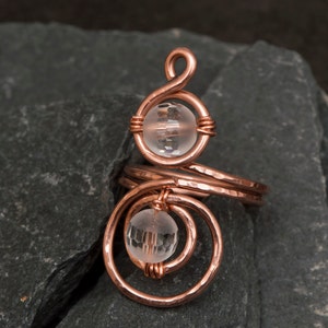Double Quartz copper ring ,Statement Copper ring ,hammered and textured copper wire ring, copper ring