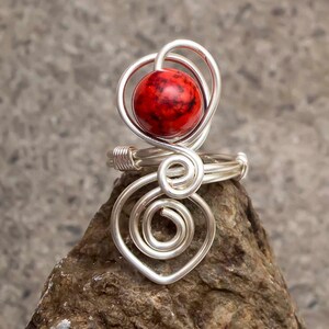 Silver ring,adjustable wire wrapped ring. Red gemstone ring.