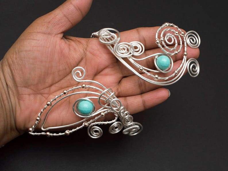 Silver swirl design Upper Arm bracelet and earrings,light turquoise shelll pearl silver plated copper wire arm cuff Silver arm cuff
