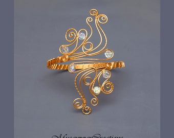 Wedding jewelry, Gold plated arm cuff ,gold wire of swirl design  Upper Arm Cuff , Swarovski crystal  arm cuff ,gift for women