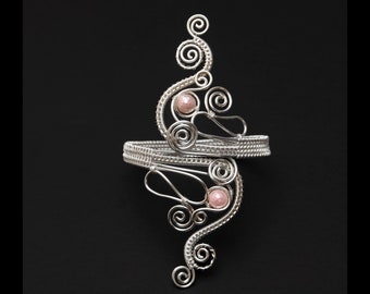 Silver arm cuff or bracelet cuff,Upper Arm bracelet,silver plated copper wire arm cuff,light rose pink shell pearls arm cuff -bridal jewelry