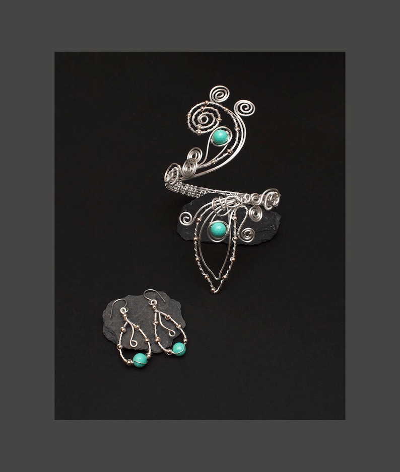Silver swirl design Upper Arm bracelet and earrings,light turquoise shelll pearl silver plated copper wire arm cuff Silver arm cuff