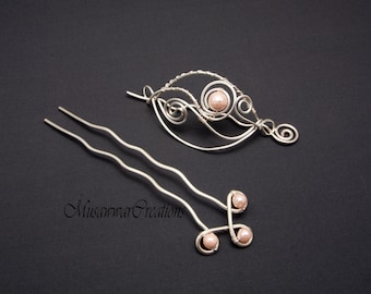 Deux accessoires de cheveux légers coquille de pêchepearls argenté cuivre toboggan et fourche à cheveux, porte-chignon argenté, accessoire de cheveux nuptiale