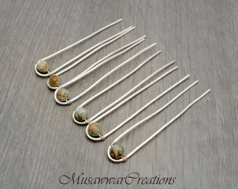 Handmade Multitone Beaded Hair Pins – Silver-Plated Bun Forks, Set of 6