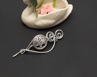 Tree of Life Shawl Pin, Silver Filigree Sweater Pin