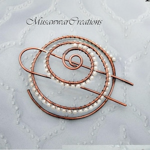 Antique copper  spiral bun cage,copper Hair Bun holder, white beads hair bun holder,hair bun slide, hair bun holder,