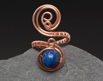 Lapis Lazuli Kupferdraht gewickelt Ring: Verstellbarer Edelstein Statement Ring