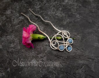 Aquamarijn kwarts haar knot slide, Haar vork voor lang haar, Aquamarijn quartz haar knot pick, haar accessoires