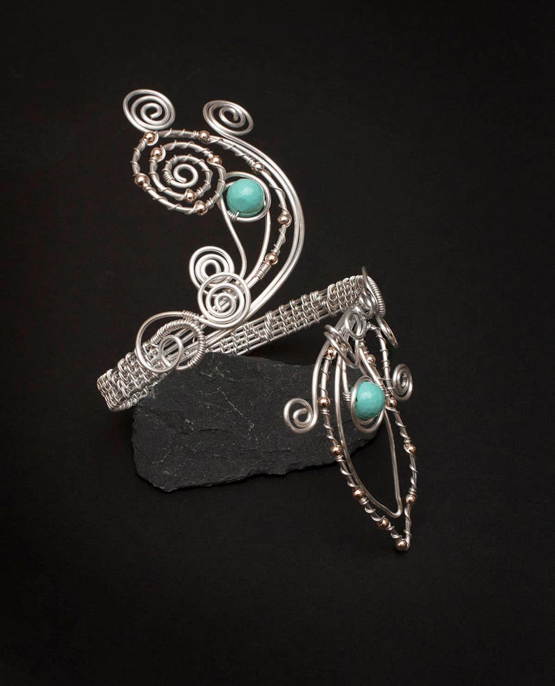Silver swirl design Upper Arm bracelet and earrings,light turquoise shelll pearl silver plated copper wire arm cuff Silver arm cuff