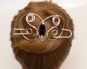 Silver Hair bun holder,bridal silver bun pin, silver wrapped wire hair bun holder, Black faceted agate hair slide.