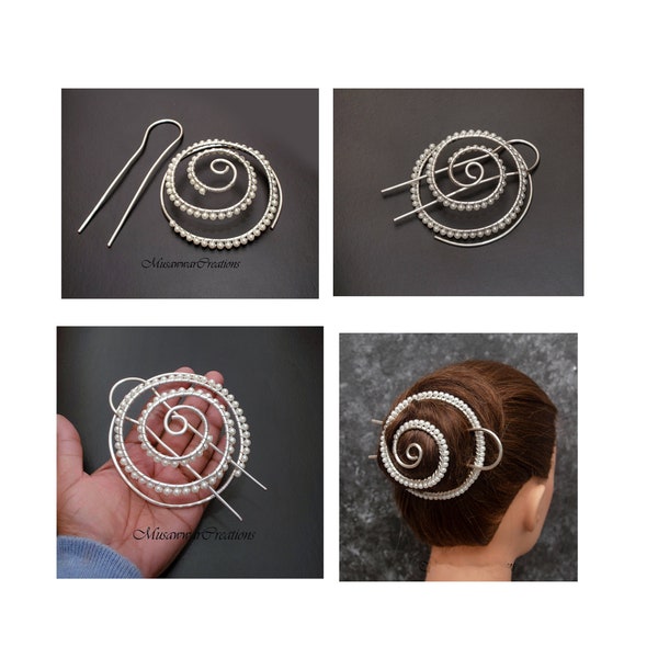 Cage à chignon en spirale en fil d'argent, support pour chignon en spirale en cuivre plaqué argent, support pour chignon en perles blanches, barrette pour chignon, support pour chignon,