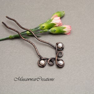 Pearl hair prong, Antique copper Hair fork,white pearls hair bun fork,celtic  Hair bun Stick-Handmade Hair fork