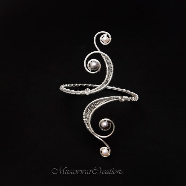 Silver grey pearls Arm cuff Silver plated copper arm cuff ,Silver swirl design Upper Arm cuff silver plated copper arm cuff