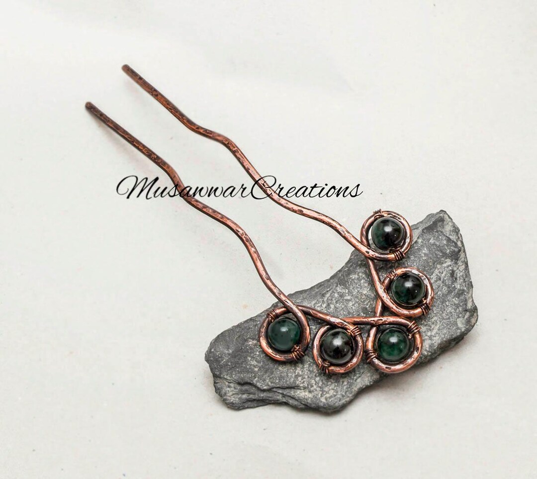Handmade Antique Copper Hair Fork: Green Jasper Celtic Bun  display picture 1