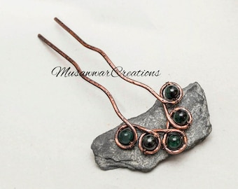 Handmade Antique Copper Hair Fork: Green Jasper Celtic Bun prong
