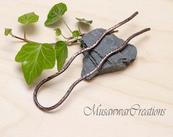 Antique Copper Hair Fork, Hammered Textured Hair Bun Stick