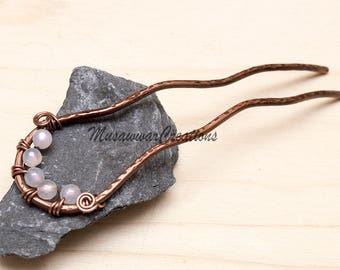 Artisan Copper Hair Stick for Long Hair, Minimalist Boho U-Pin Chignon Holder
