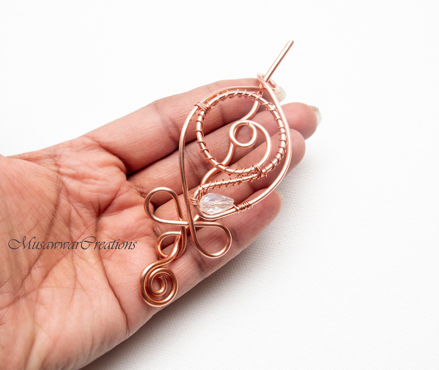 Barrette Handmade Wire wrapped in copper w/1950\'s Antique Crystal Rock Crystal Quartz Pendant, Copper Wire Wrapped Filigree  main image 3
