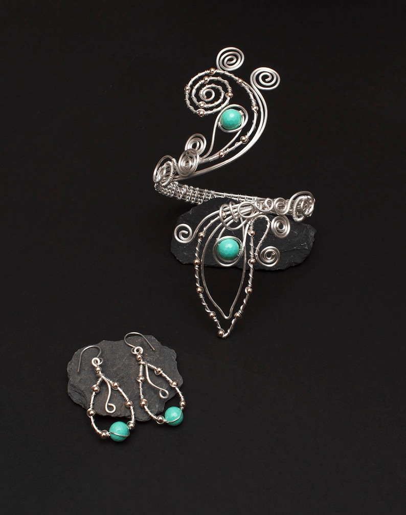 Silver swirl design Upper Arm bracelet and earrings,light turquoise shelll pearl silver plated copper wire arm cuff Silver arm cuff