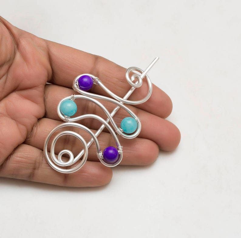 blue and purple stone shawl pin Silver shawl pin Valentine/'s gift for her, sweater brooch,silver plated scarf brooch