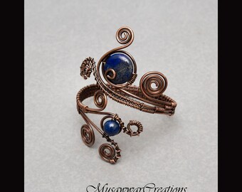 Lapis Lazuli Copper Cuff Bracelet, Adjustable Wire Wrapped Jewelry