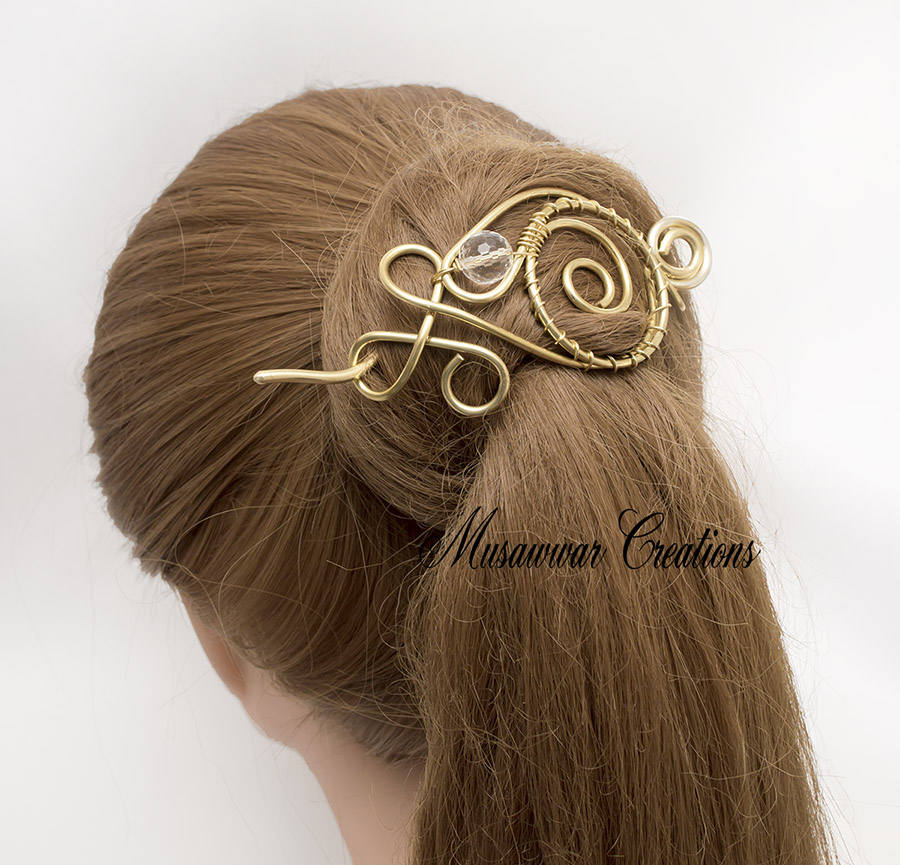 Mid Century Brass Hair Slide Barrette with Stick Bun Holder Large Hair Slide, Copper or Brass Bun Holder, Barrette for  main image 2