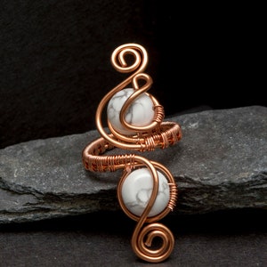 Copper White Howlite ring,silver pyrite ring, adjustable rings, Boho copper ring - Wire Wrapped Ring -copper ring-  handmade adjustable ring