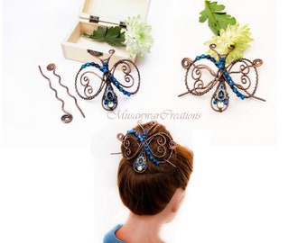 Antique Copper hair bun slide,butter fly design Hair slide ,Hair bun holder ,blue agates hair slide.