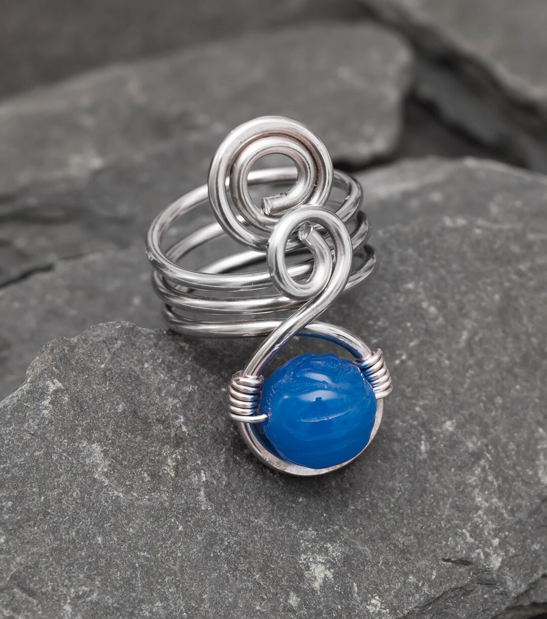 Silver Spiral Ring Blue Agate Ring silver Plated Ringwire - Etsy