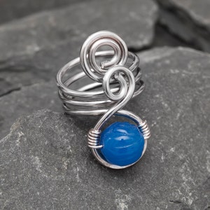 Silver spiral ring Blue agate ring ,silver plated ring,wire wrapped ring,  ring, triple copper wire ring,silver spiral ring