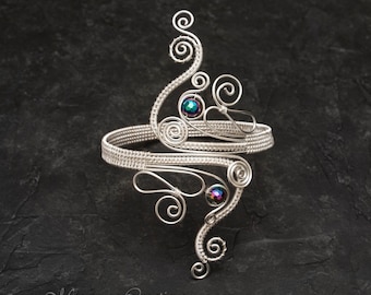 Silver arm cuff or bracelet cuff,Upper Arm bracelet,silver plated copper wire arm cuff,rainbow color hematite armcuff -bridal jewelry