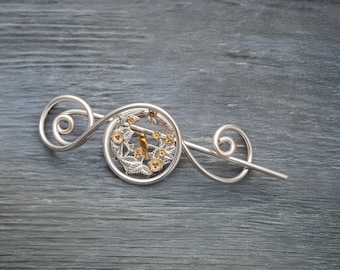Silver Bird Charm Shawl Pin, Filigree Tree of Life Sweater Clasp