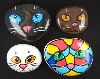 Whimsical Art | Painted Cat Rock | Hand Painted Pet Rock | Cat Lover's Gift | Cute Animal Art