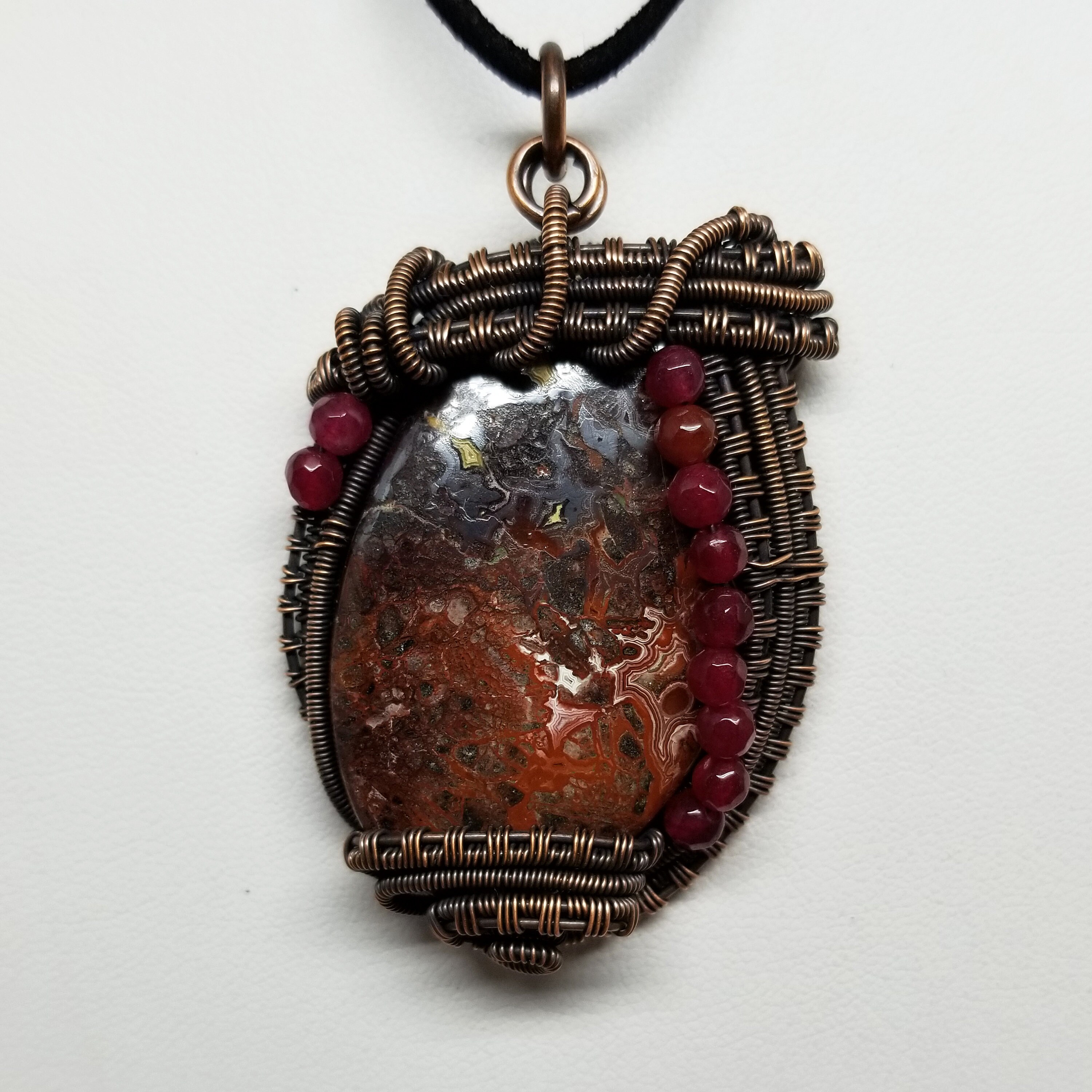 Energy Art Statement Piece Crystal Healing Crazy Lace Agate Copper .925 Silver /& Brass Pendant Wire Wrap Necklace Festival Necklace