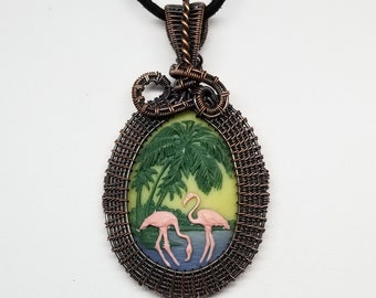 Wire Wrapped Pendant with Resin Cameo and Copper, Wire Wrapped Jewelry, Copper Jewelry, Flamingo, Bird