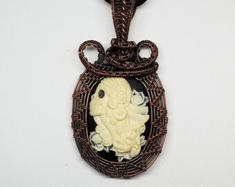 Wire Wrapped Pendant with Resin Cameo and Copper, Wire Wrapped Jewelry, Copper Jewelry, Skull Pendant, Sugar Skull