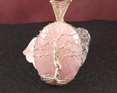 Rose Quartz Tree of Life Pendant – Sterling Silver Wire Wrapped Crystal Necklace – Handmade Jewelry - 0006