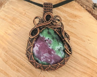 Wire Wrapped Pendant, Copper and Ruby in Zoisite, Wire Wrapped Jewelry, Copper Jewelry